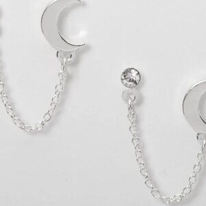 Icing Embellished Moon Connector Chain Stud Earrings Silver